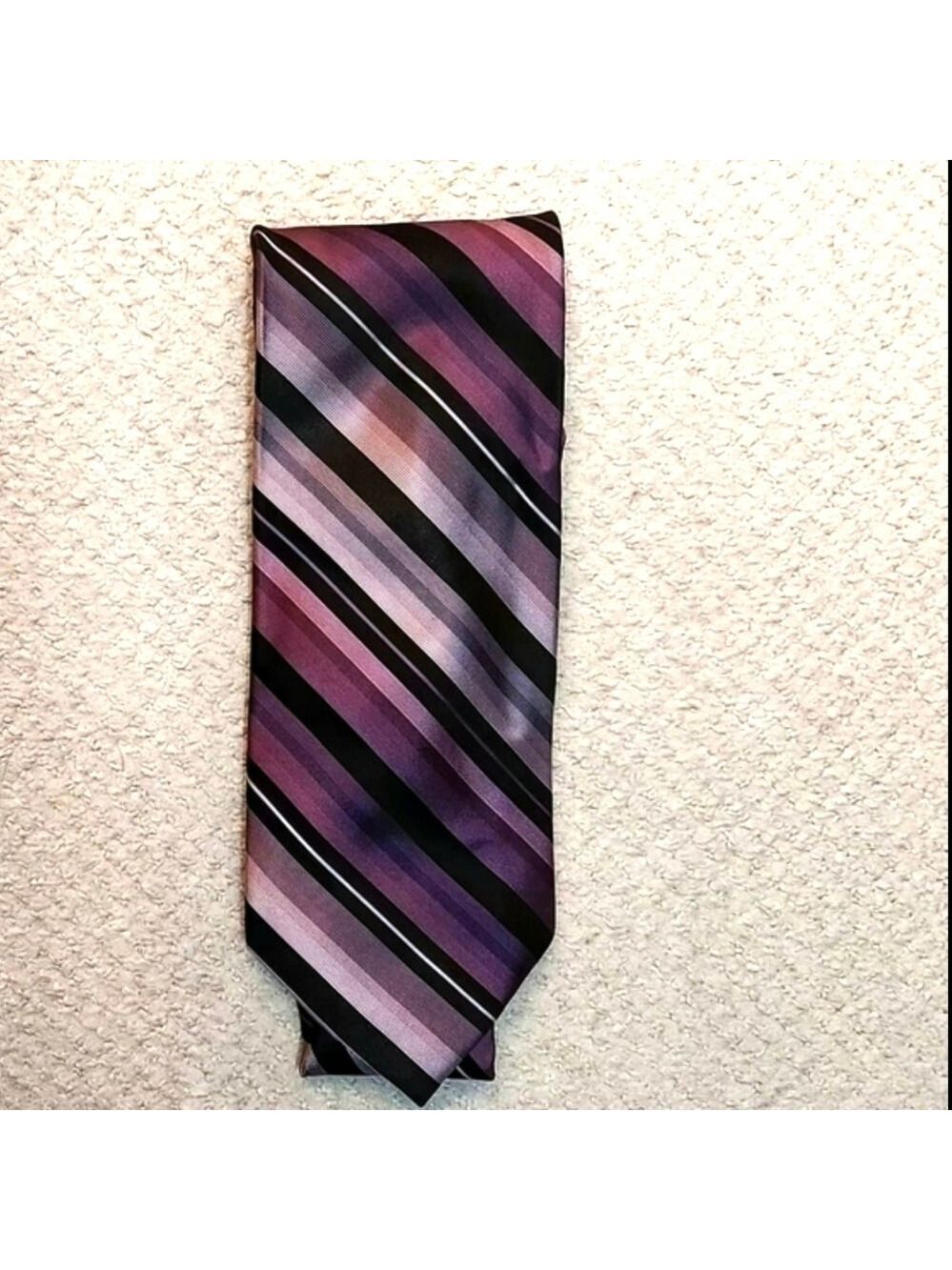 Perry Ellis Striped Skinny 100% Silk Tie Metallic Black Lilac Pastel Deep Purple